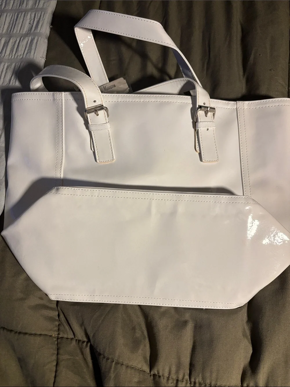 Neiman Marcus White Patent Tote with Buckle Straps